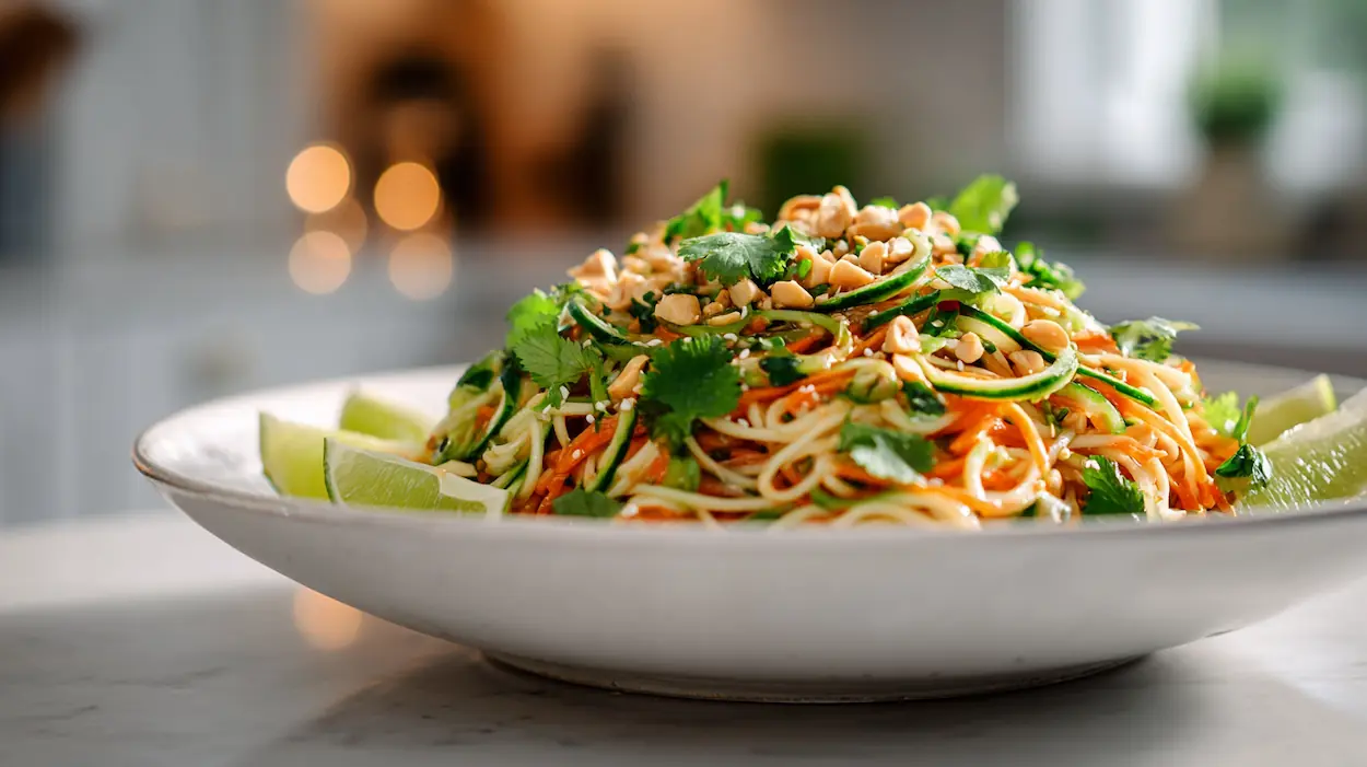 Bowl of Thai-inspired peanut cucumber noodle salad with cucumbers, carrots, herbs, peanuts, and lime on a white kitchen counter