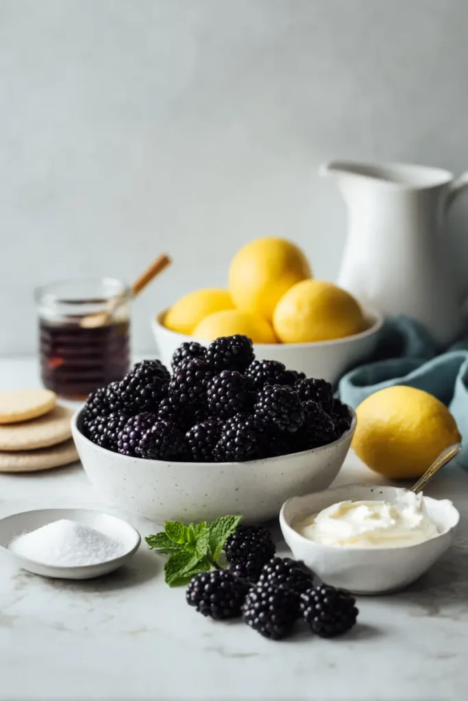 Vegan Blackberry Tiramisu 3 Ingredients for vegan blackberry tiramisu including blackberries, sugar, lemon, vanilla, coconut cream, vegan cream cheese, powdered sugar, lemon zest, salt, vegan cookies, cocoa powder, and mint.
