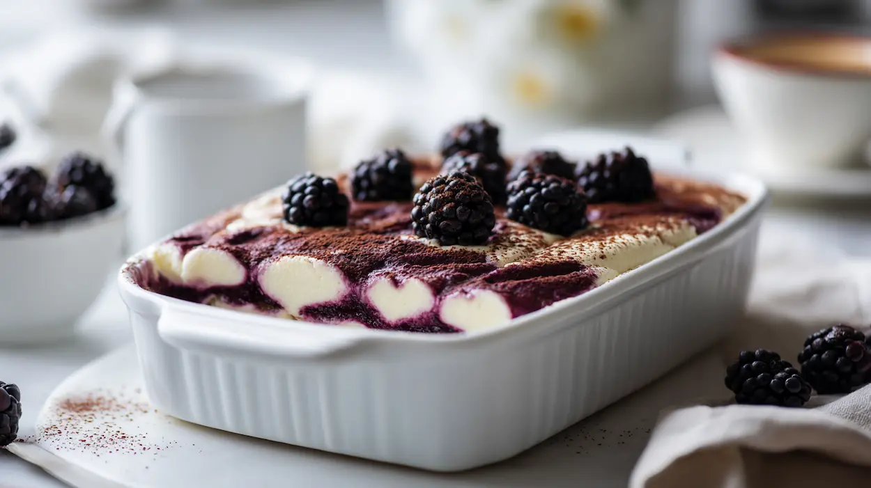 Vegan Blackberry Tiramisu 4 Vegan blackberry tiramisu served in neat creamy layers with fresh blackberries, soft cookies, and a smooth dairy-free cream topping.