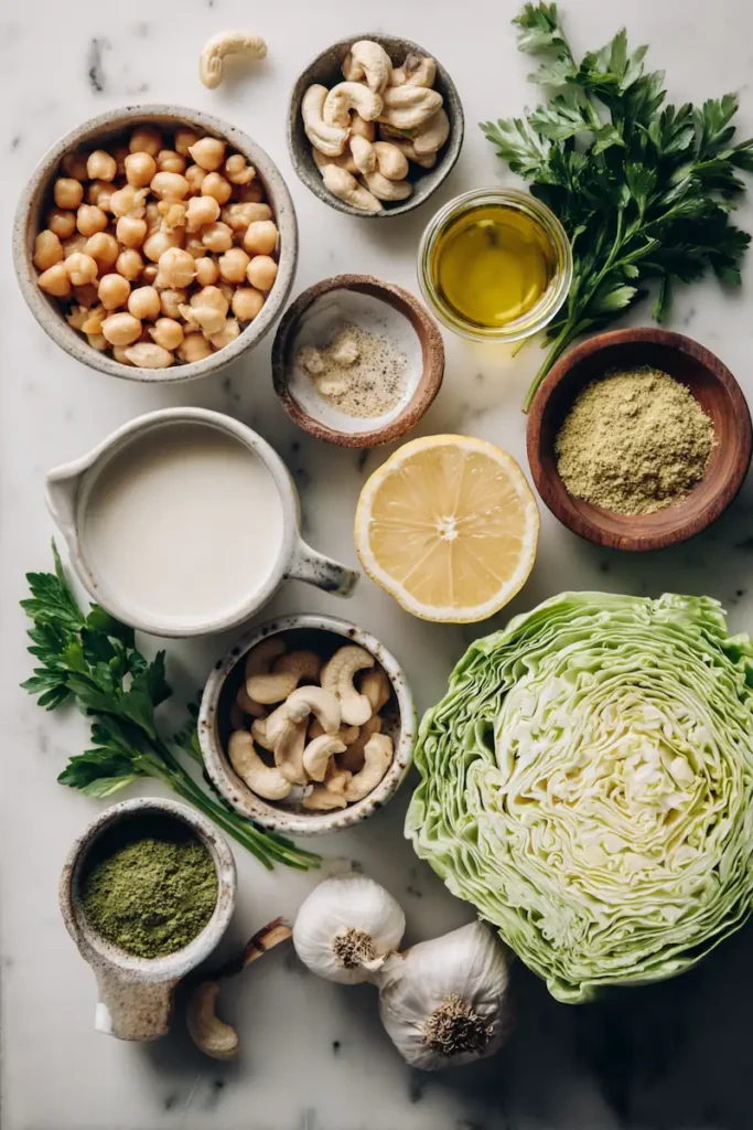 Ingredients for vegan cabbage Alfredo bowls including cabbage, chickpeas, cashews, lemon, garlic, and nutritional yeast.