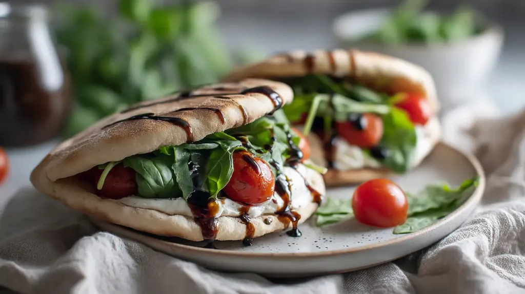 Vegan Caprese Stuffed Pitas 1 Vegan Caprese Stuffed Pitas filled with tomatoes, basil, vegan mozzarella, greens, and balsamic glaze on a white kitchen counter.