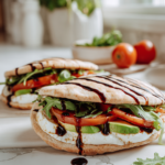 Vegan Caprese Stuffed Pitas filled with tomatoes, basil, vegan mozzarella, greens, and balsamic glaze on a white kitchen counter.