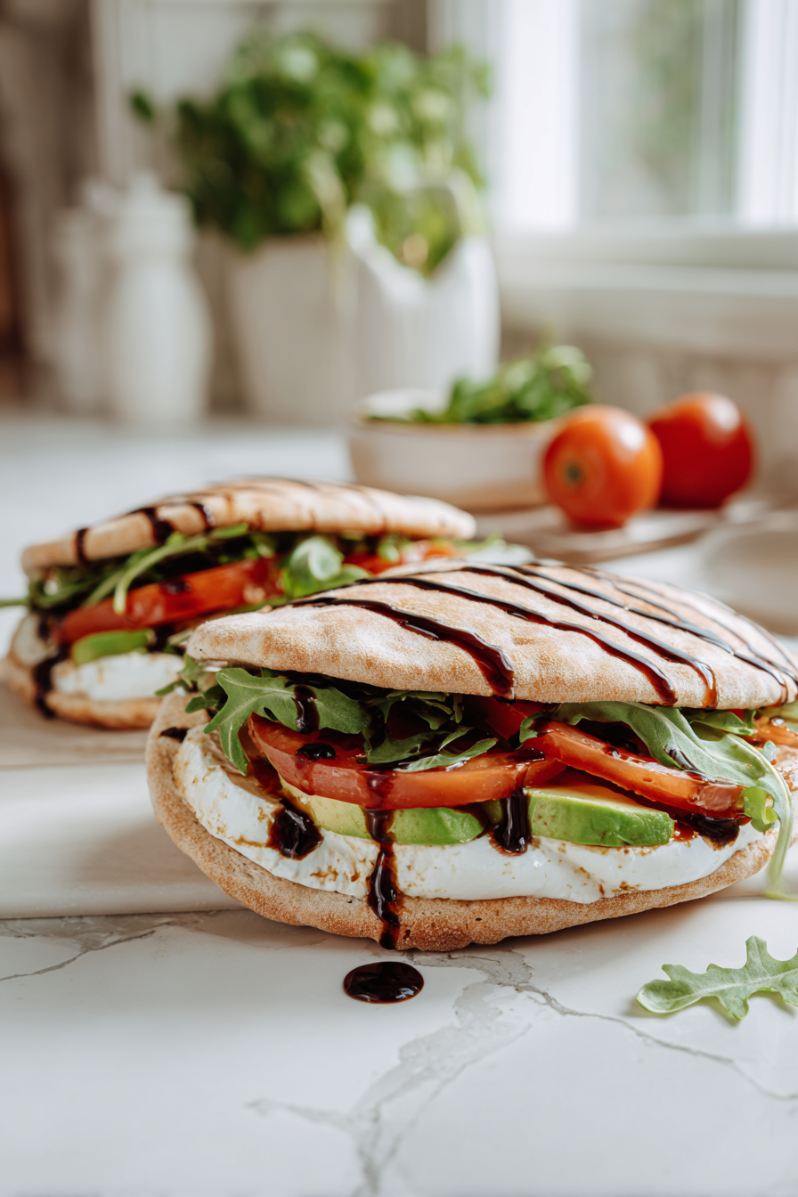 Vegan Caprese Stuffed Pitas filled with tomatoes, basil, vegan mozzarella, greens, and balsamic glaze on a white kitchen counter.