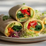 Vegan hummus veggie wraps sliced in half with colorful vegetables on a white kitchen counter