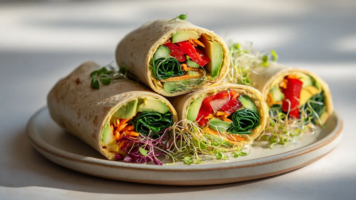 Vegan hummus veggie wraps sliced in half with colorful vegetables on a white kitchen counter