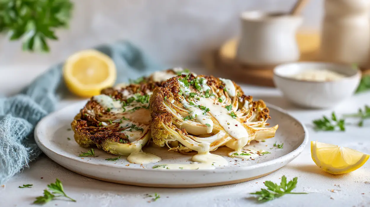 Vegan roasted cabbage steaks with creamy garlic sauce on a white plate in a cozy nighttime kitchen Suggested Pinterest Overlay Text: Vegan Cabbage Steaks
