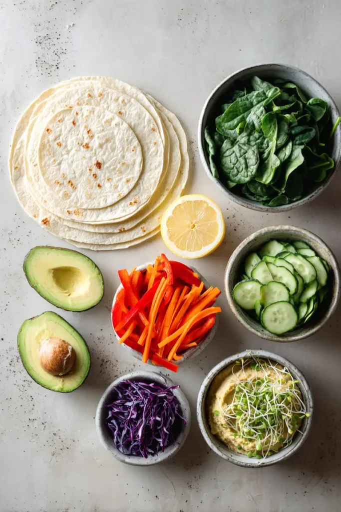Vegan Hummus Veggie Wraps 3 Ingredients for vegan hummus veggie wraps including tortillas, hummus, spinach, cucumber, carrots, bell pepper, and avocado