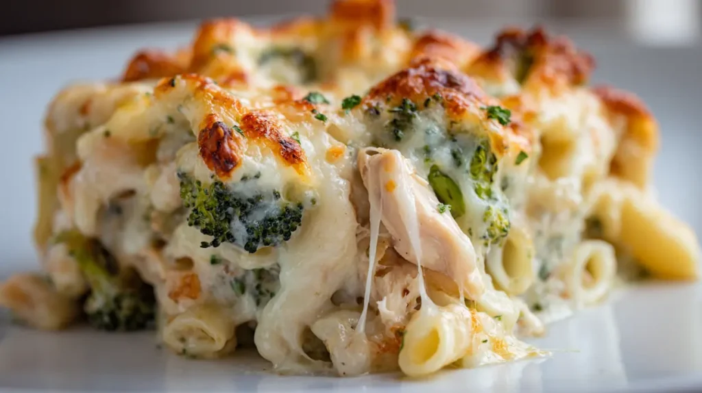 Chicken and Broccoli Pasta Bake 1 Creamy chicken and broccoli pasta bake with penne pasta, melted cheese, and tender broccoli served in a modern American kitchen.