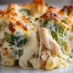 Chicken and Broccoli Pasta Bake Creamy chicken and broccoli pasta bake with penne pasta, melted cheese, and tender broccoli served in a modern American kitchen.