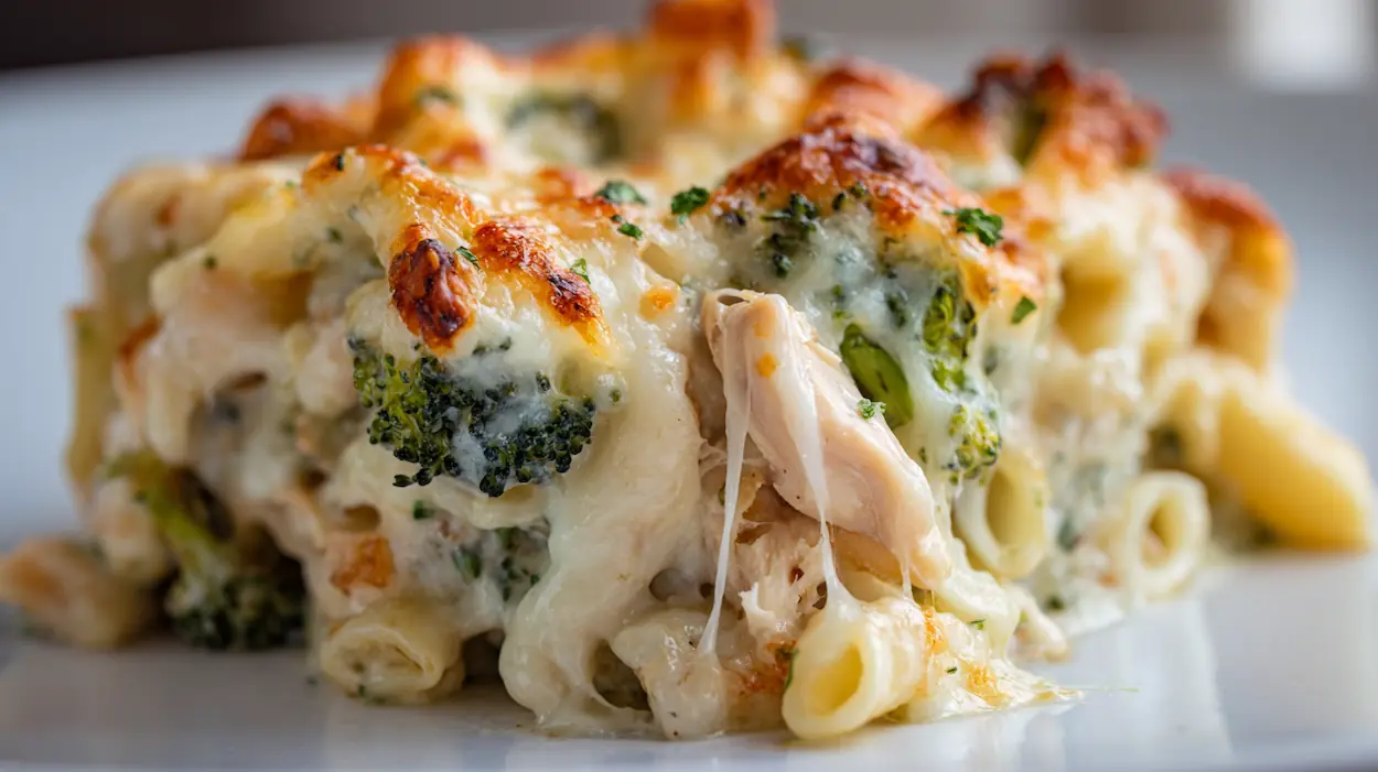 Creamy chicken and broccoli pasta bake with penne pasta, melted cheese, and tender broccoli served in a modern American kitchen.