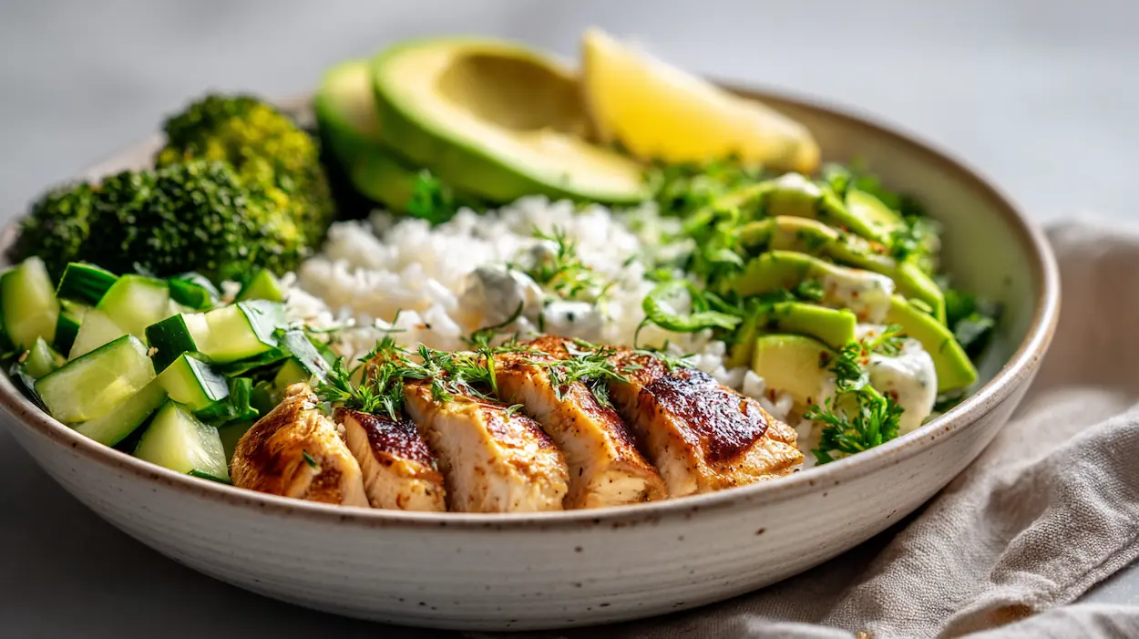 Healthy Chicken Rice Bowl with Avocado & Broccoli 4 Healthy chicken rice bowl with avocado, broccoli, rice, cucumber, and lemon yogurt sauce on a white kitchen counter.