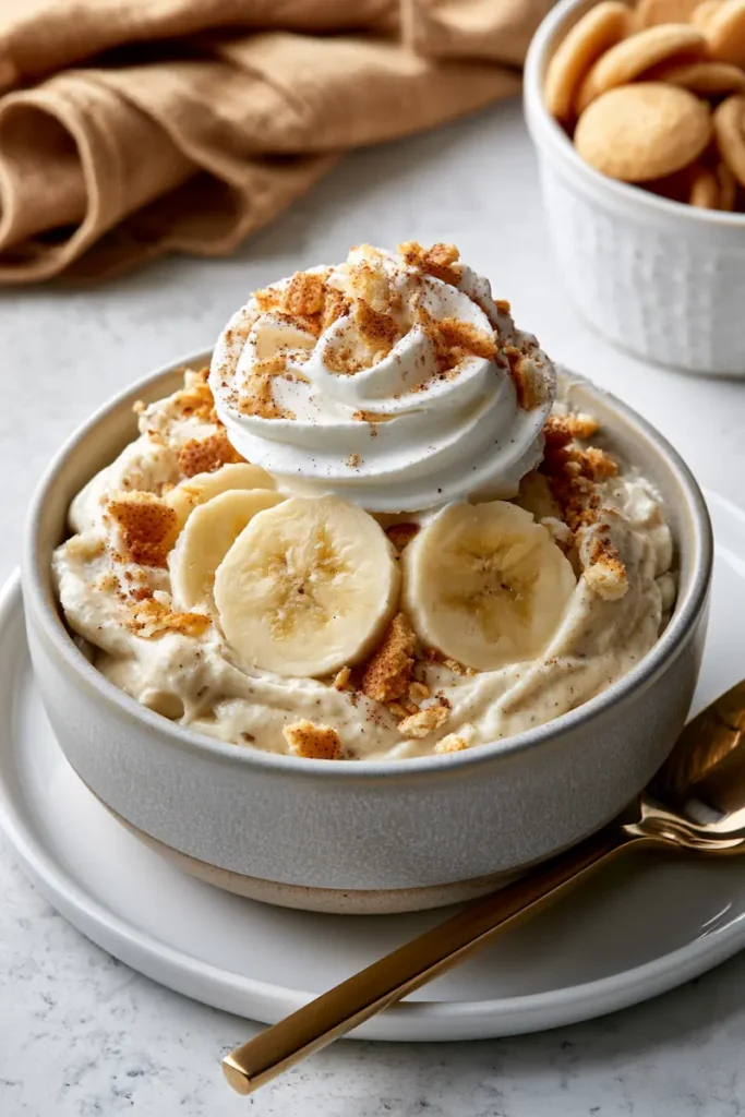 Covered banana pudding chilling overnight in the refrigerator for a creamy make-ahead dessert.