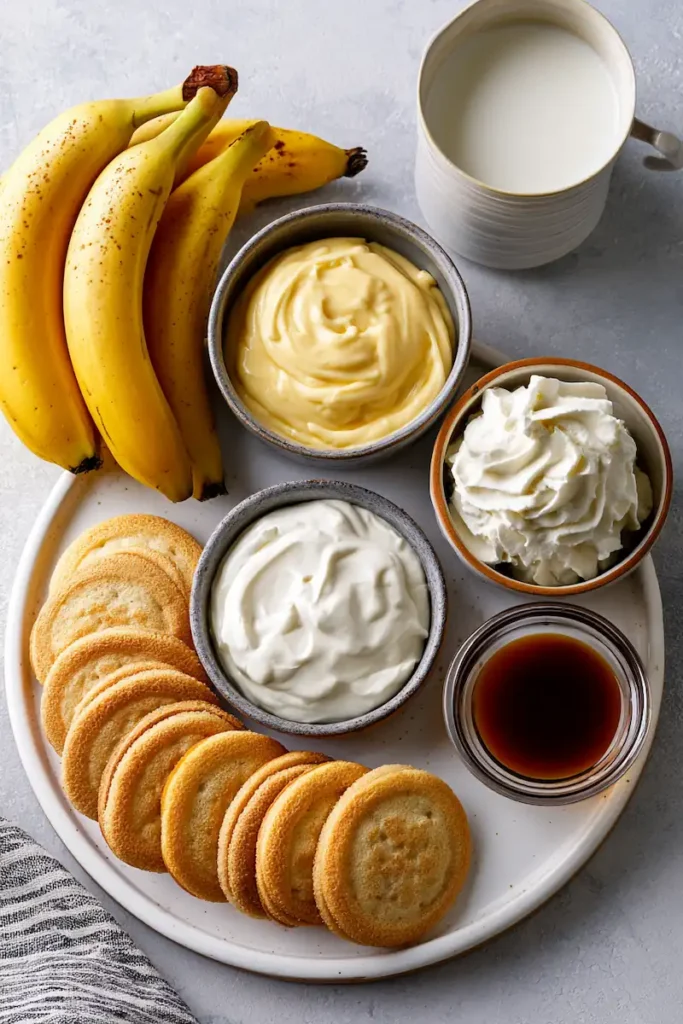 Ingredients for overnight banana pudding including bananas, vanilla wafers, pudding mix, milk, and whipped topping.