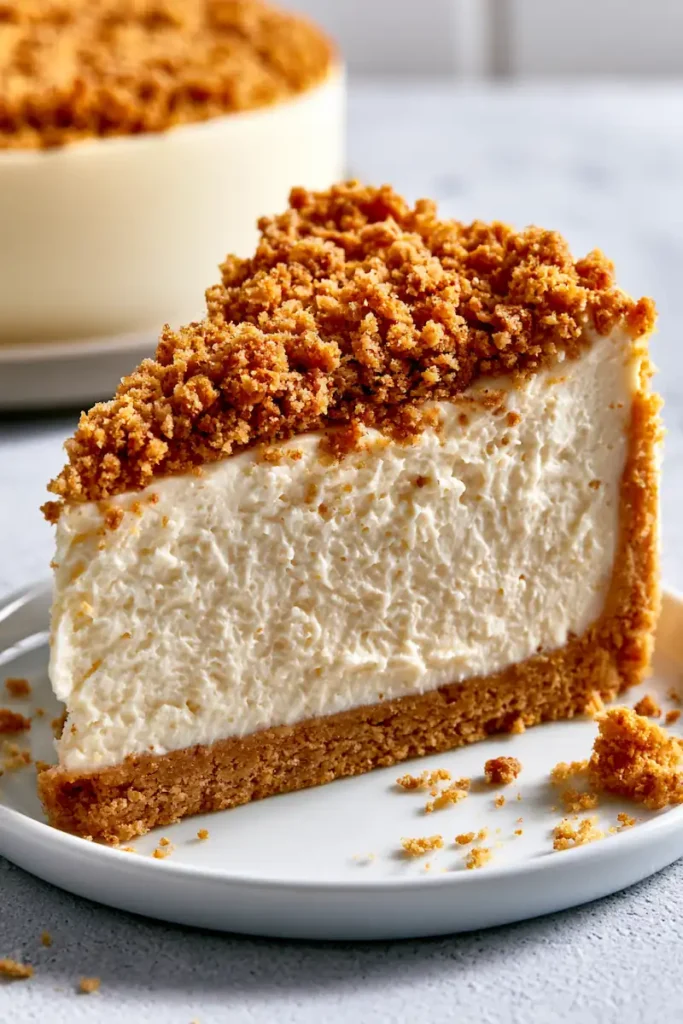 Close-up slice of no-bake dessert made with a digestive biscuit crust.