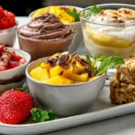Assortment of creamy no-bake desserts without cream cheese on a white kitchen counter