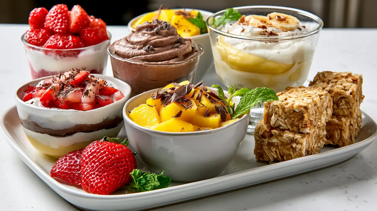 Assortment of creamy no-bake desserts without cream cheese on a white kitchen counter