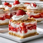 Sliced no-bake strawberry delight with creamy layers and fresh strawberries
