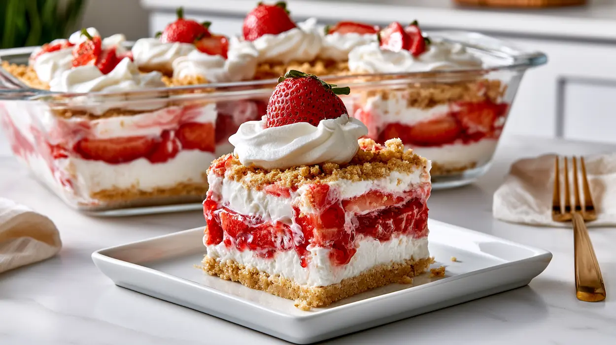 Sliced no-bake strawberry delight with creamy layers and fresh strawberries