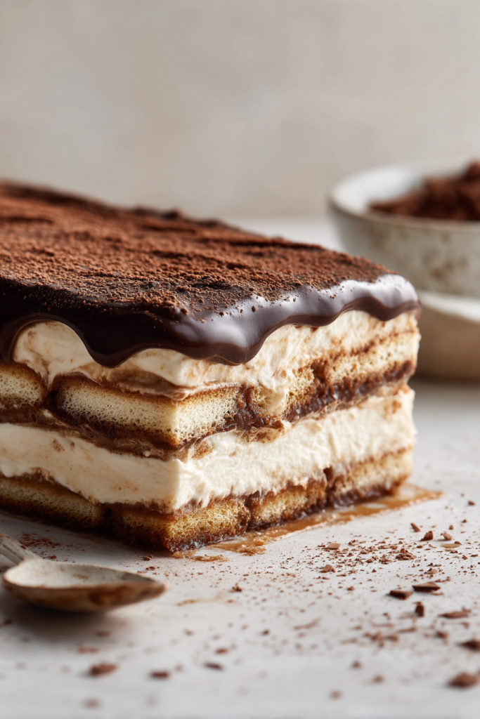 Close-up view of the distinct layers of a homemade No-Bake Chocolate Eclair Dessert, showing creamy filling, graham crackers, and glossy chocolate ganache