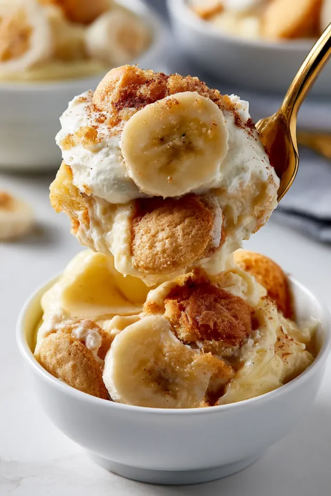 Close-up of make-ahead banana pudding with soft wafers, fresh banana slices, and creamy vanilla layers.