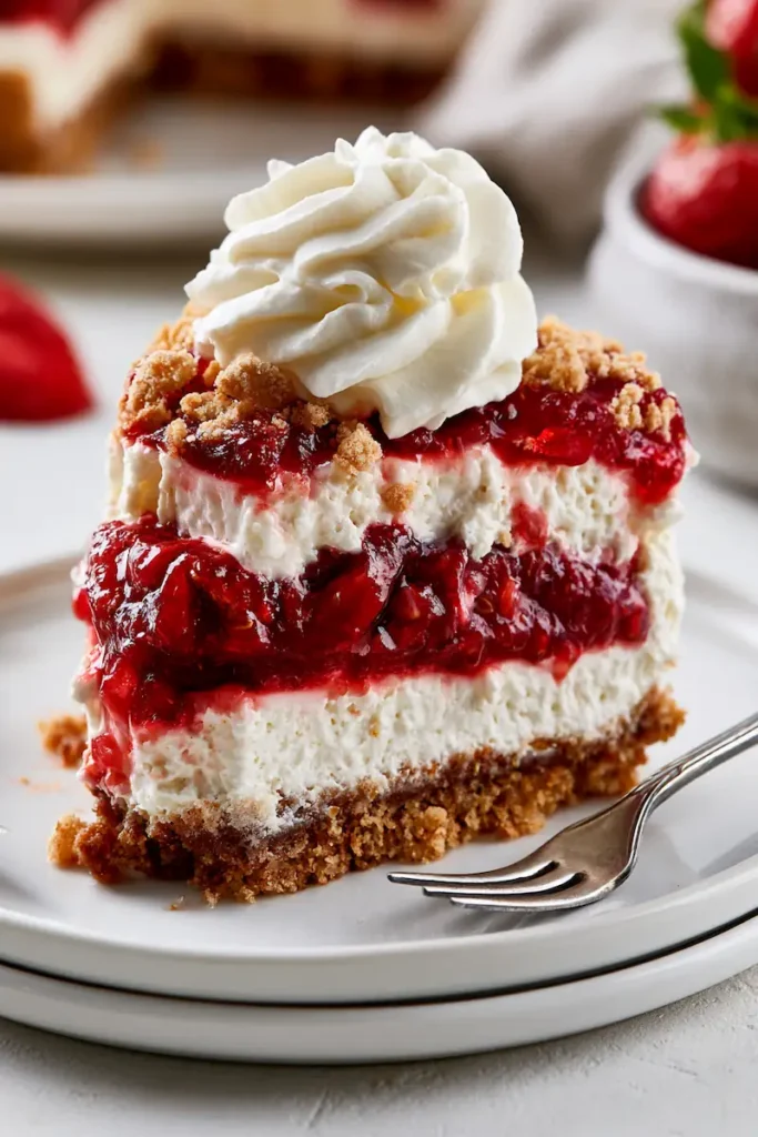 Close-up of firm strawberry delight layers after overnight chilling