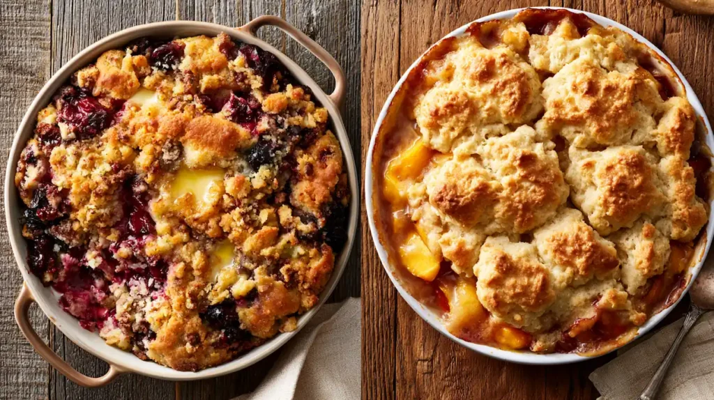 Dump Cake vs Cobbler: What's Actually the Difference? 1 Side-by-side comparison of a dump cake with crumbly cake-mix topping and a cobbler with biscuit topping over baked fruit