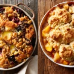Side-by-side comparison of a dump cake with crumbly cake-mix topping and a cobbler with biscuit topping over baked fruit