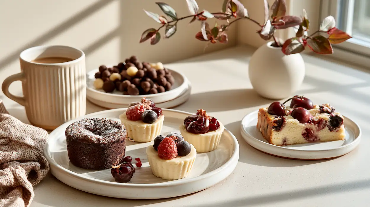 Easy 3 ingredient desserts including mug cake, cheesecake cups, chocolate clusters, and cherry dump cake on a cozy kitchen counter.