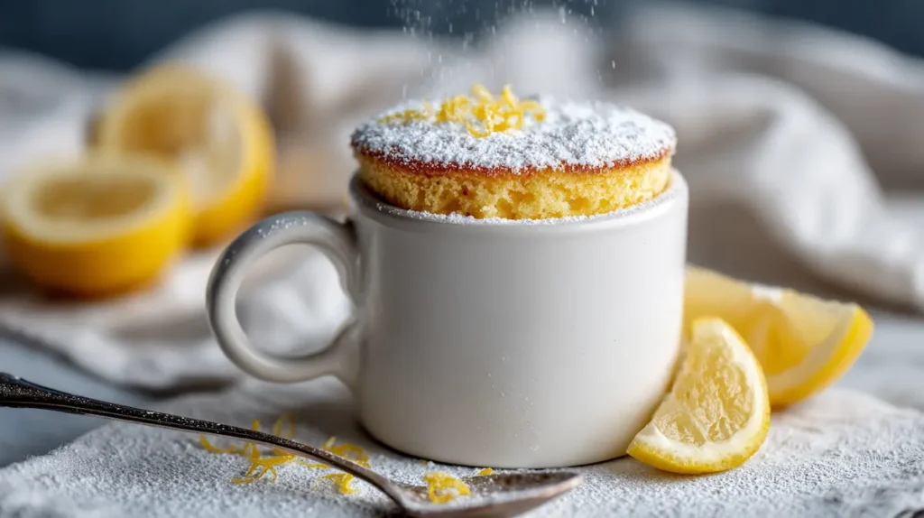 Easy Lemon Mug Cake Recipe in 2 Minutes 1 Warm lemon mug cake in a white mug on a white kitchen counter with soft evening light