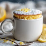 Warm lemon mug cake in a white mug on a white kitchen counter with soft evening light