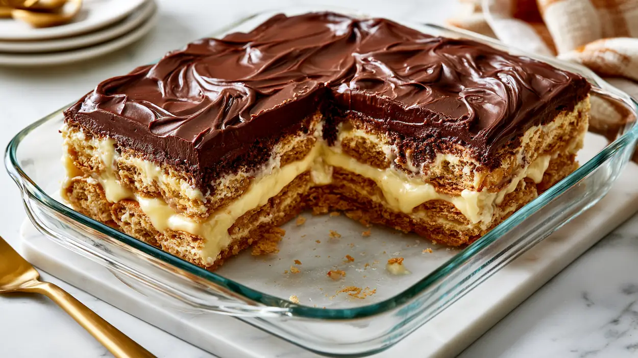 Egg-free chocolate eclair dessert with creamy vanilla layers and chocolate topping
