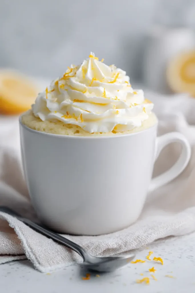 Easy Lemon Mug Cake Recipe in 2 Minutes 2 Close-up of fluffy lemon mug cake with whipped cream and lemon zest