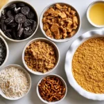 Different graham cracker substitutes displayed beside a prepared no-bake cookie crust.