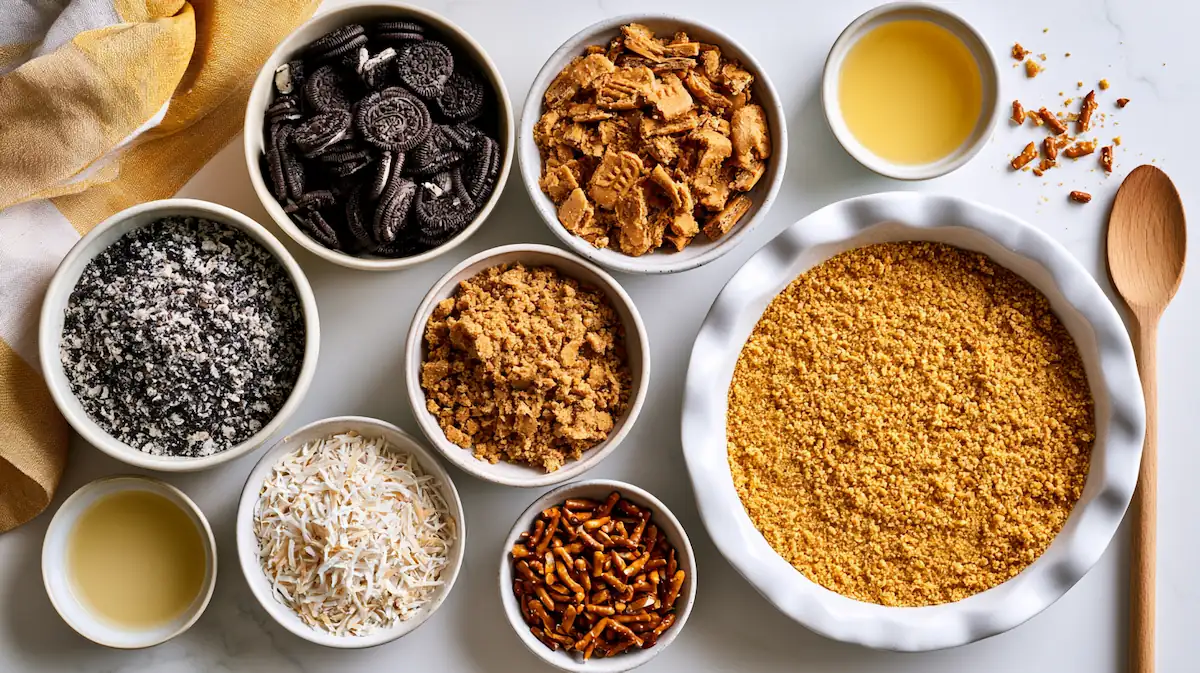 Different graham cracker substitutes displayed beside a prepared no-bake cookie crust.