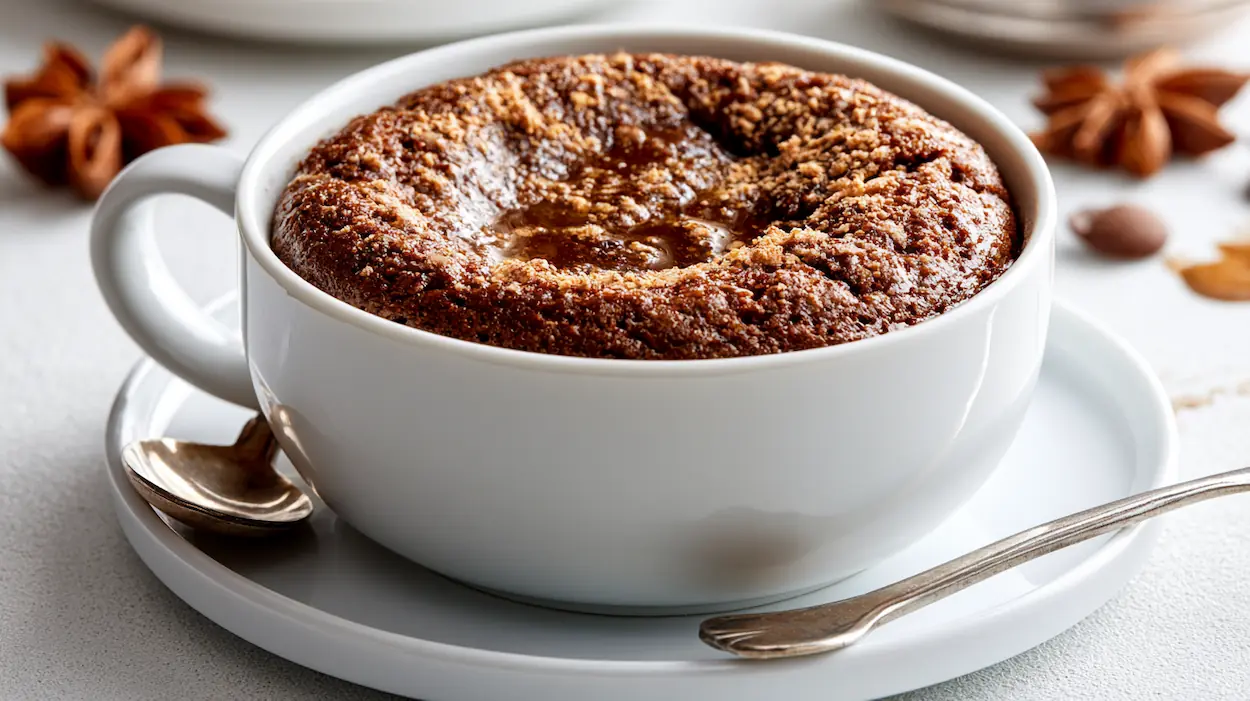 Soft microwave mug cake with a tender glossy center.