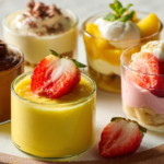 "A variety of easy homemade no-bake desserts in small glass cups, including mango pudding, strawberry delight, and chocolate eclair, perfect for beginners