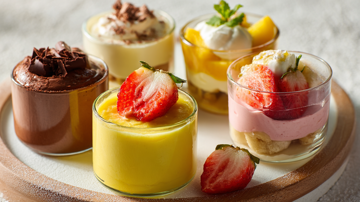 "A variety of easy homemade no-bake desserts in small glass cups, including mango pudding, strawberry delight, and chocolate eclair, perfect for beginners