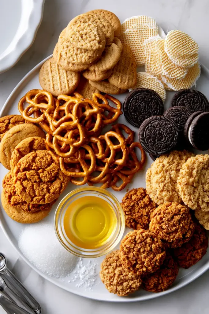 Ingredients and cookie alternatives used to make a no-bake crust without graham crackers.