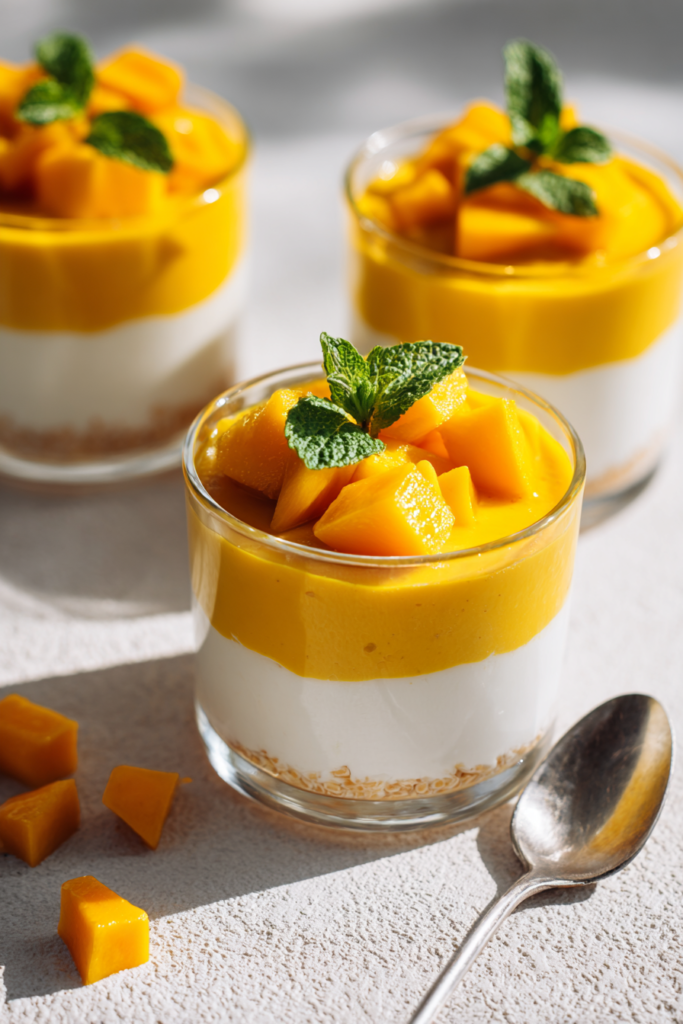 A detailed close-up of Layered Mango Coconut Pudding Cups in clear glass, garnished with fresh mango and mint, emphasizing neat individual dessert servings