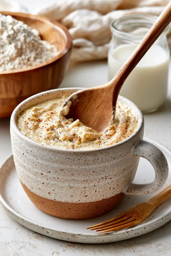 How Do You Make a Mug Cake Without It Getting Rubbery? 2 Mug cake batter gently mixed to prevent rubbery texture.