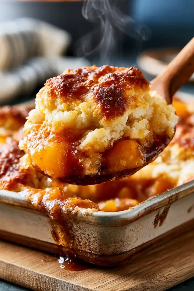 Dump Cake vs Cobbler: What's Actually the Difference? 2 Spoonful of warm peach cobbler with golden biscuit topping and juicy peach filling