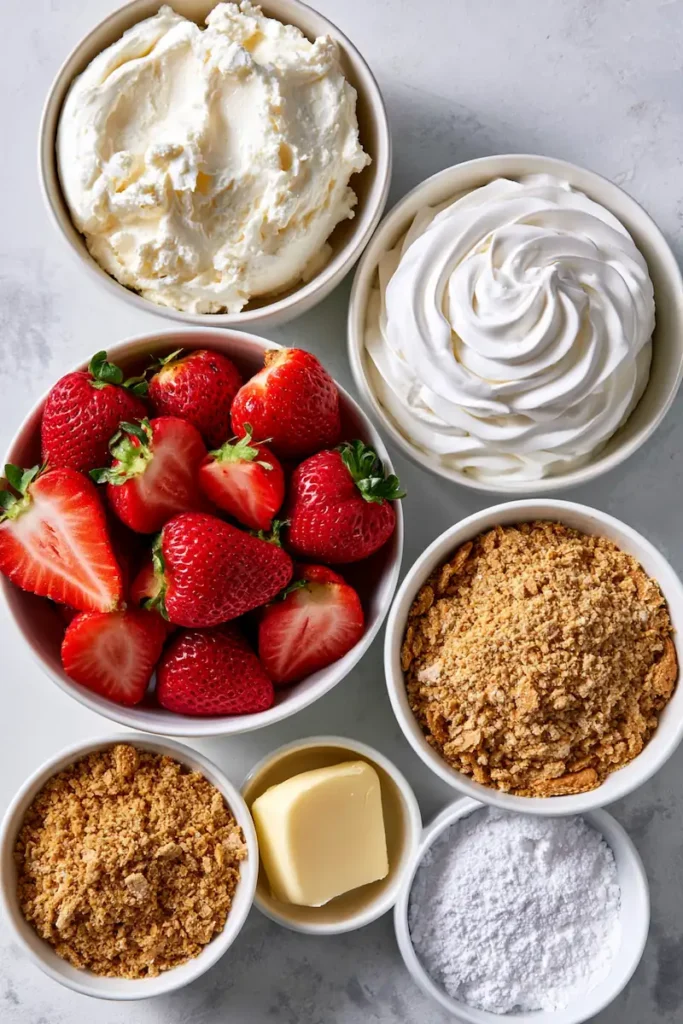 Ingredients for no-bake strawberry delight arranged on a white kitchen counter