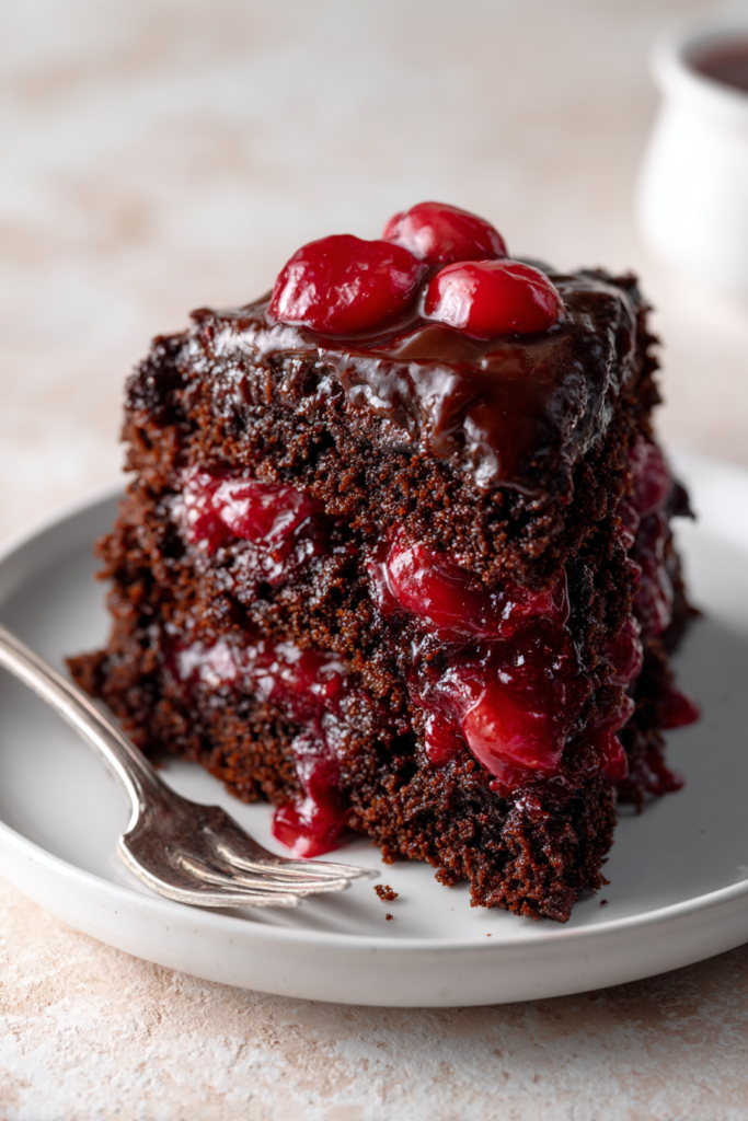 Close-up of a 3-ingredient chocolate cherry dump cake showing rich chocolate layers and sweet cherry filling.