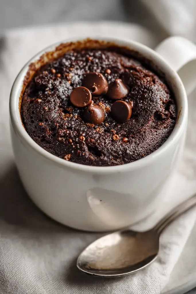 An egg-free chocolate mug cake in a white cup, topped with a few chocolate chips, ready in minutes.