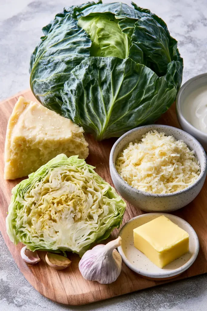 Cabbage Alfredo Recipe 2 Fresh cabbage, Parmesan, cream, garlic, and butter arranged for Alfredo recipe.