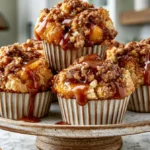Caramel Peach Cobbler Muffins Fresh caramel peach cobbler muffins topped with crumb streusel and caramel drizzle.