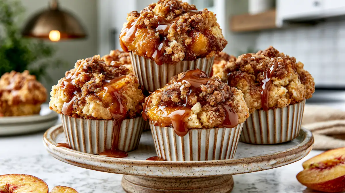 Caramel Peach Cobbler Muffins 4 Fresh caramel peach cobbler muffins topped with crumb streusel and caramel drizzle.