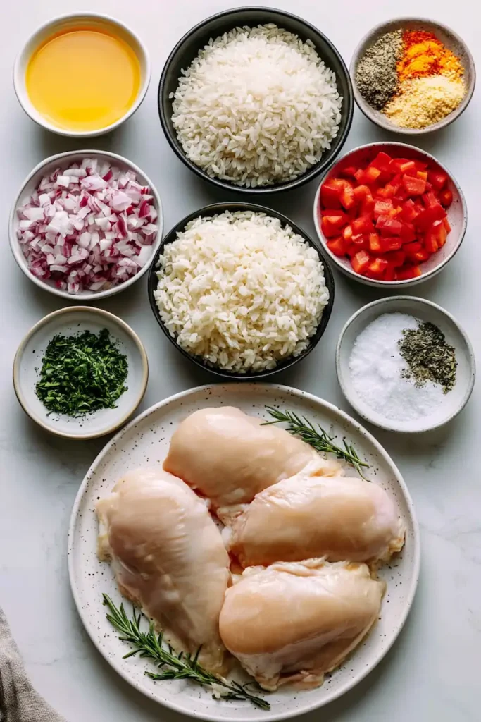 One-Pan Chicken and Rice Recipe 2 Ingredients for one-pan chicken and rice arranged on a kitchen counter