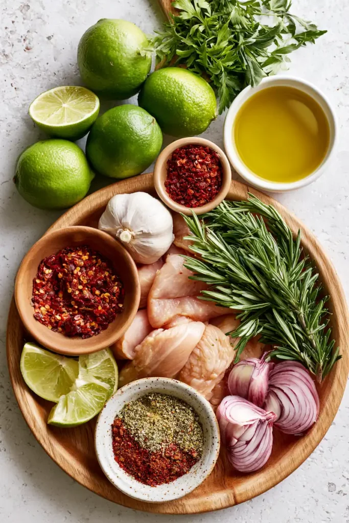 Chili Lime Grilled Chicken Recipe 2 Fresh ingredients for chili lime grilled chicken including lime, spices, garlic, and chicken.