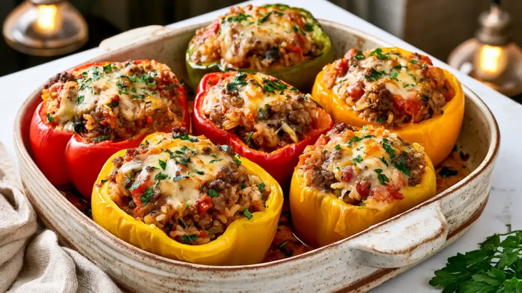 Classic Stuffed Peppers Recipe 1 Baked stuffed bell peppers topped with melted mozzarella in a cozy kitchen.